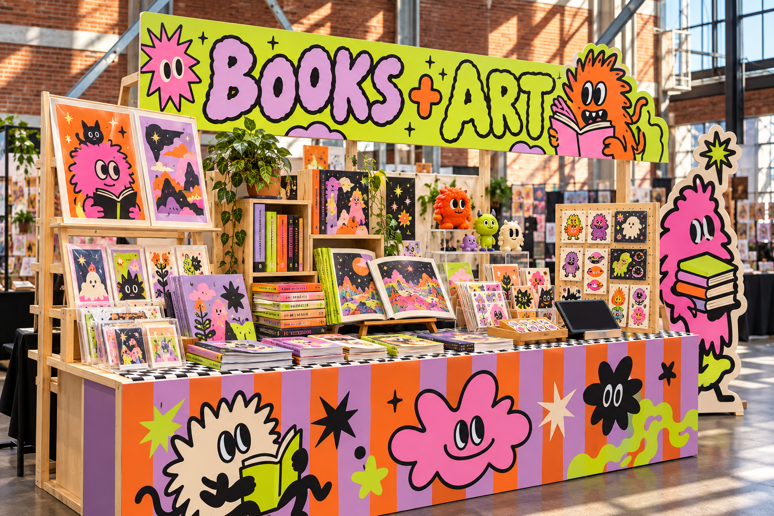 Colorful artist alley and book fair booth with playful original graphics, books, art prints, collectibles, and checkout