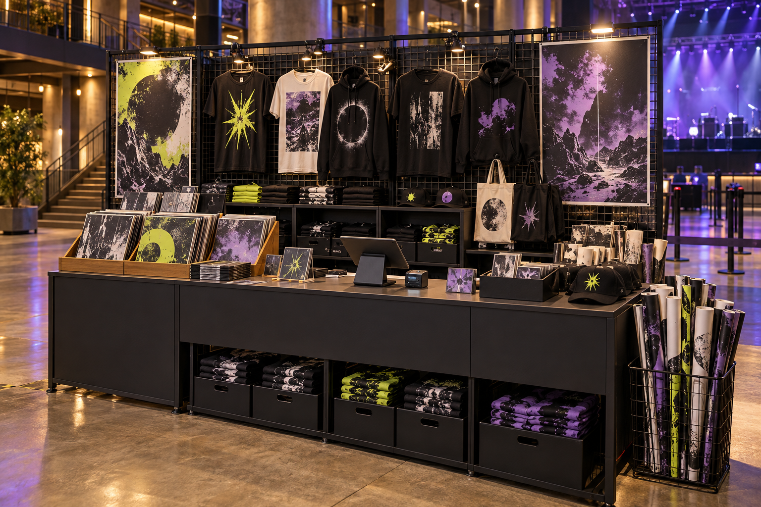 Concert band merchandise booth with graphic tees, hoodies, vinyl records, tour posters, organized stock, and tablet checkout