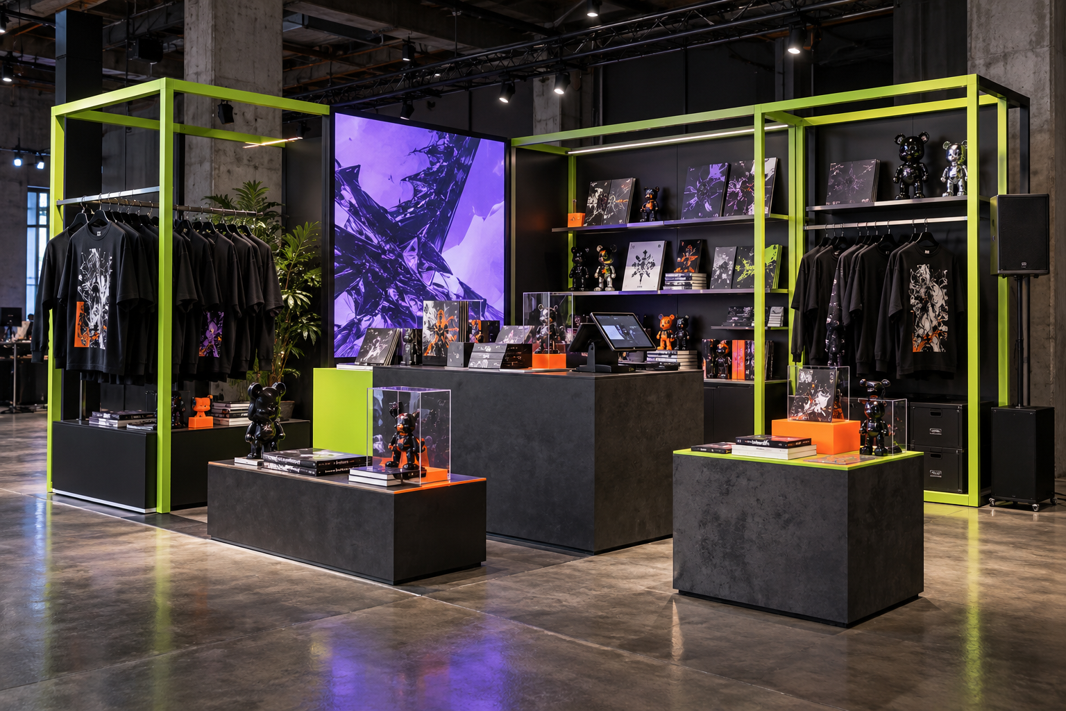 Illustrative streetwear and gaming pop-up with charcoal counters, lime frames, violet screens, merchandise displays, and checkout