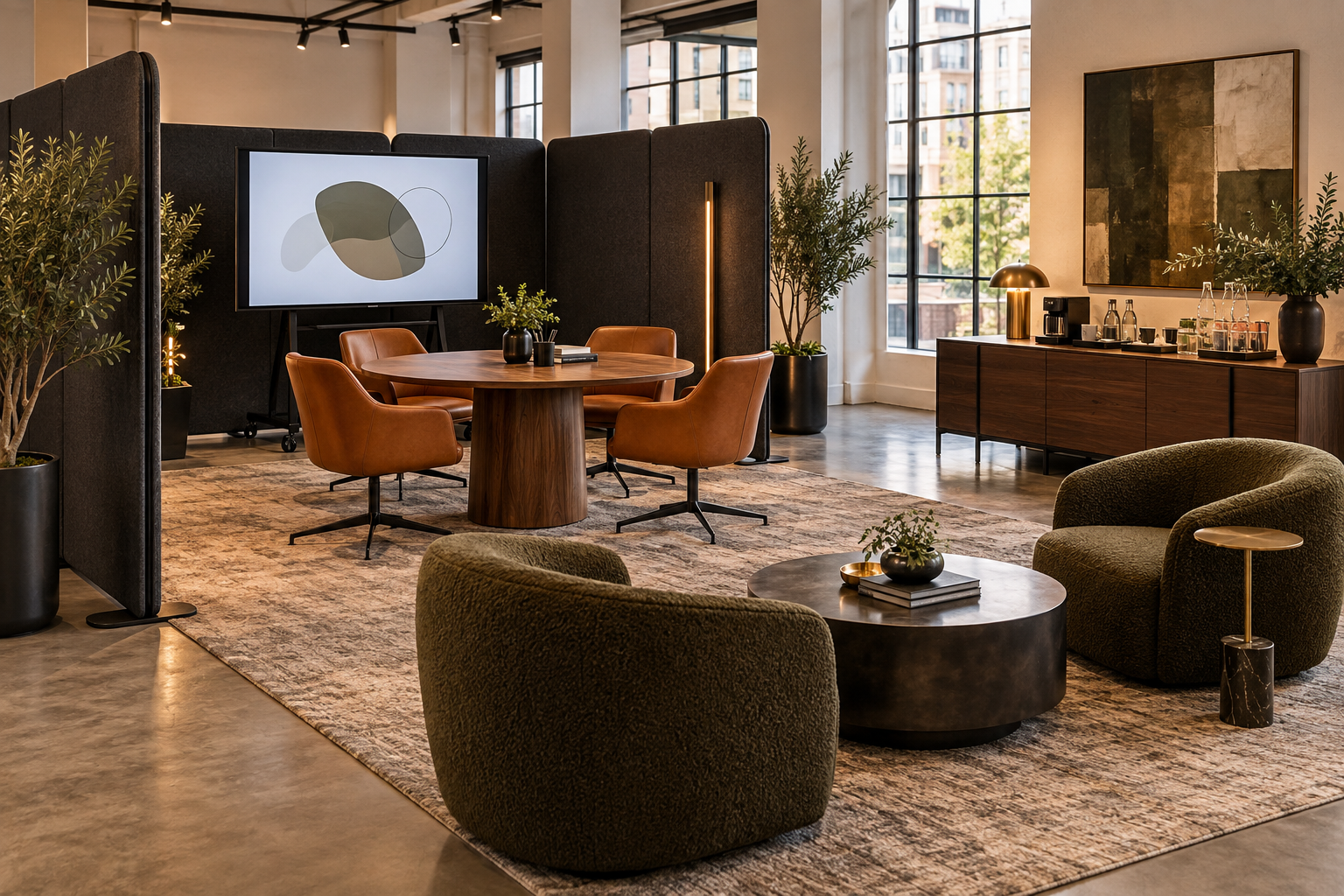 Executive appointment lounge with caramel leather chairs, walnut meeting table, presentation screen, and comfortable lounge seating