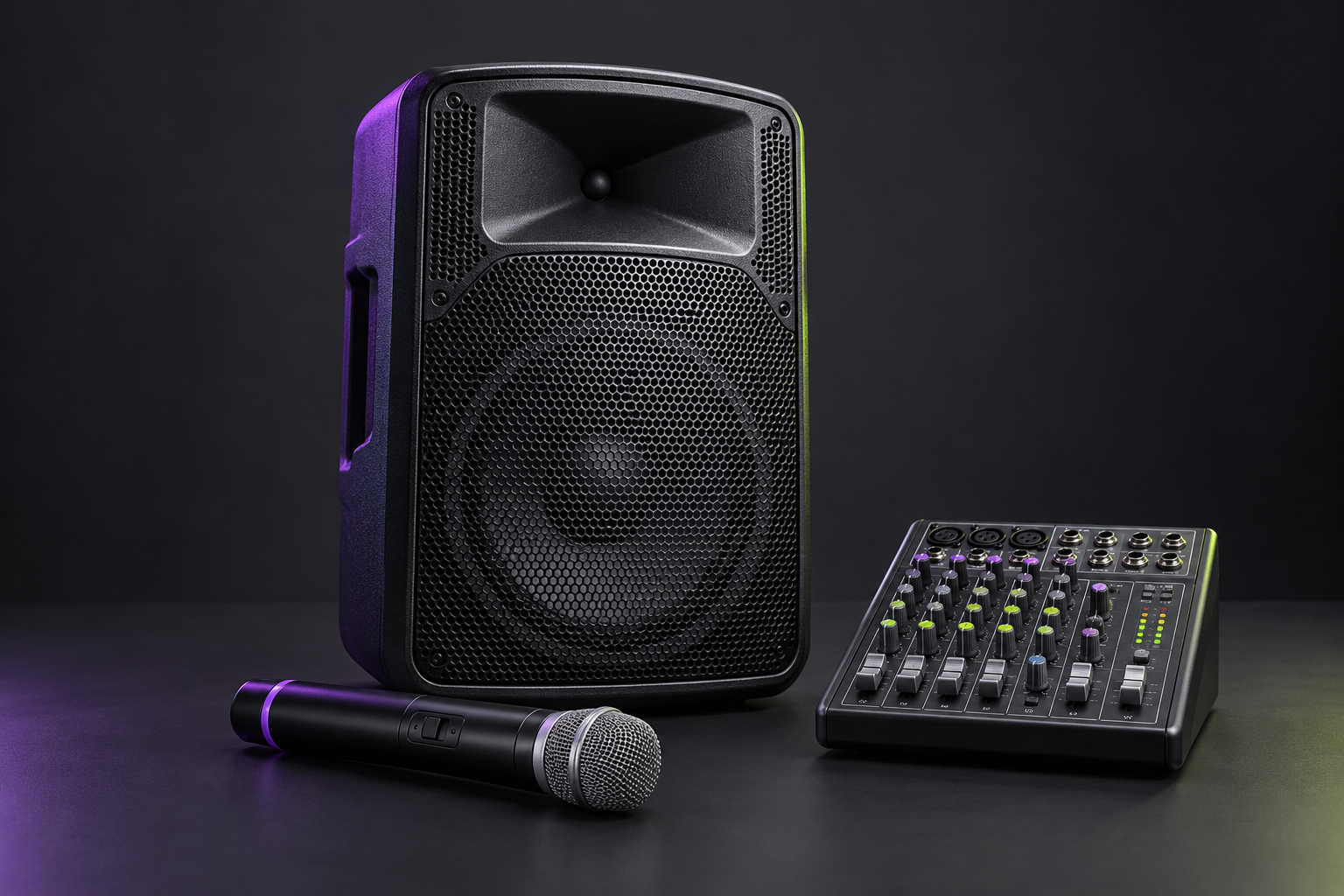 Compact event speaker, wireless microphone, and audio mixer