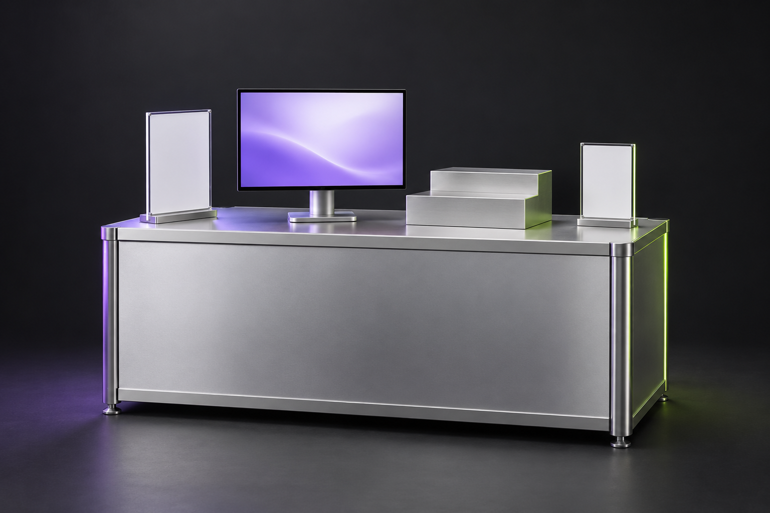 Display counter with screen, product riser, and sign holders