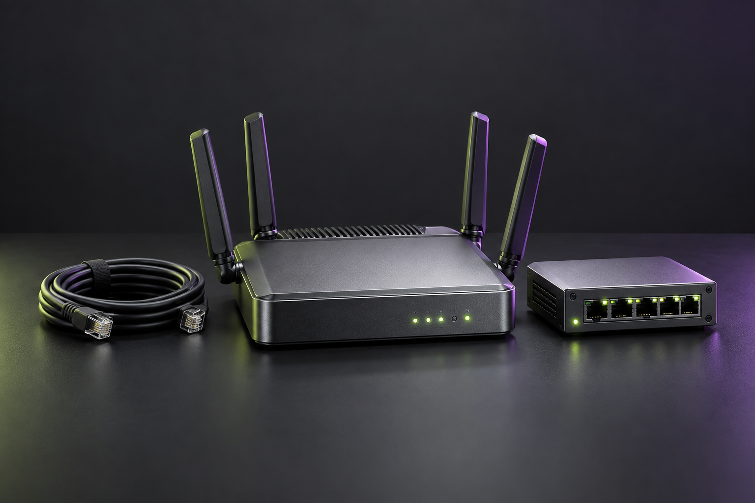 Wi-Fi router, network switch, and Ethernet cable