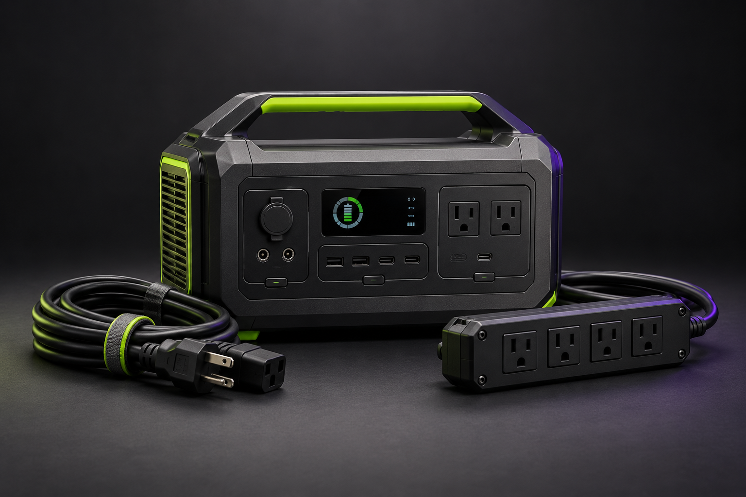 Portable battery power station with power leads and distribution strip