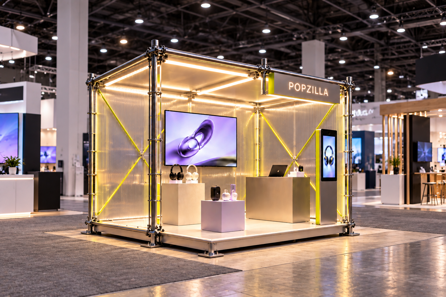 Custom translucent modular pavilion inside a trade show hall