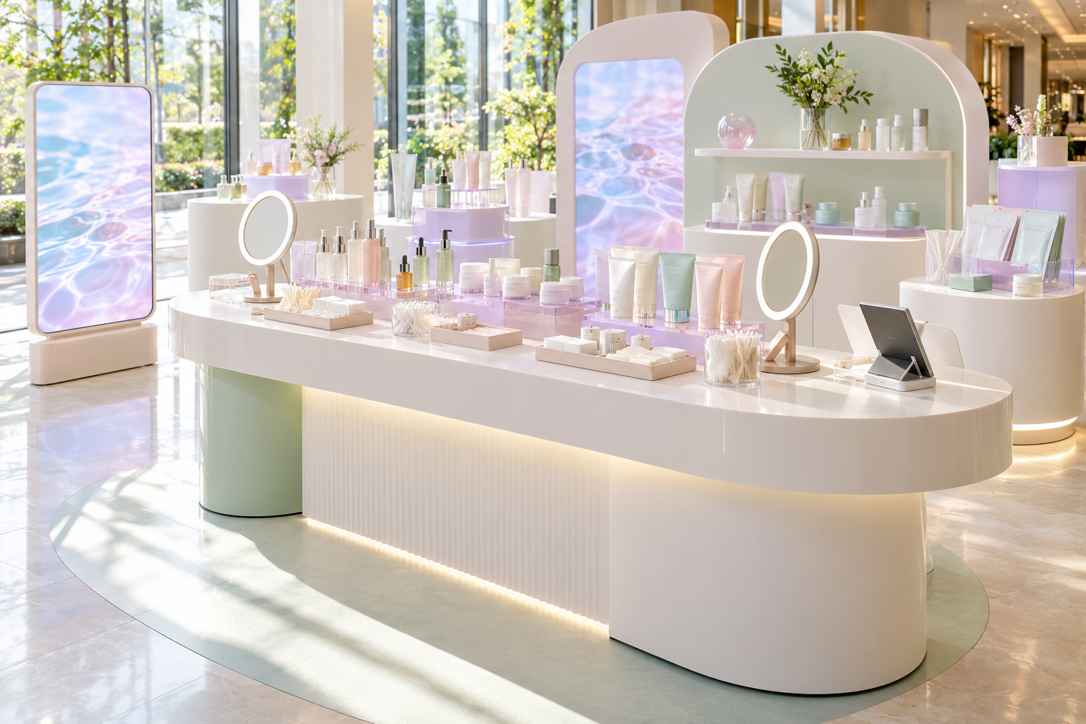 Bright K-beauty sampling bar with pastel skincare displays, tester trays, illuminated mirrors, and tablet station