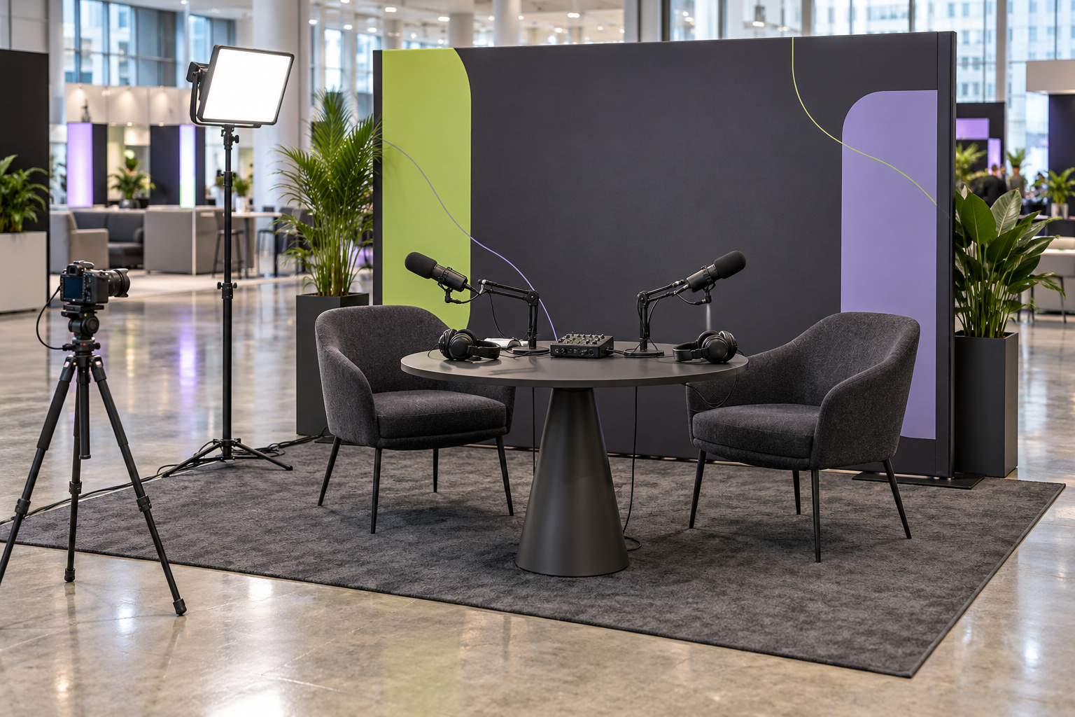 Two-person podcast and interview rental station with microphones, headphones, recorder, seating, and optional camera and lighting