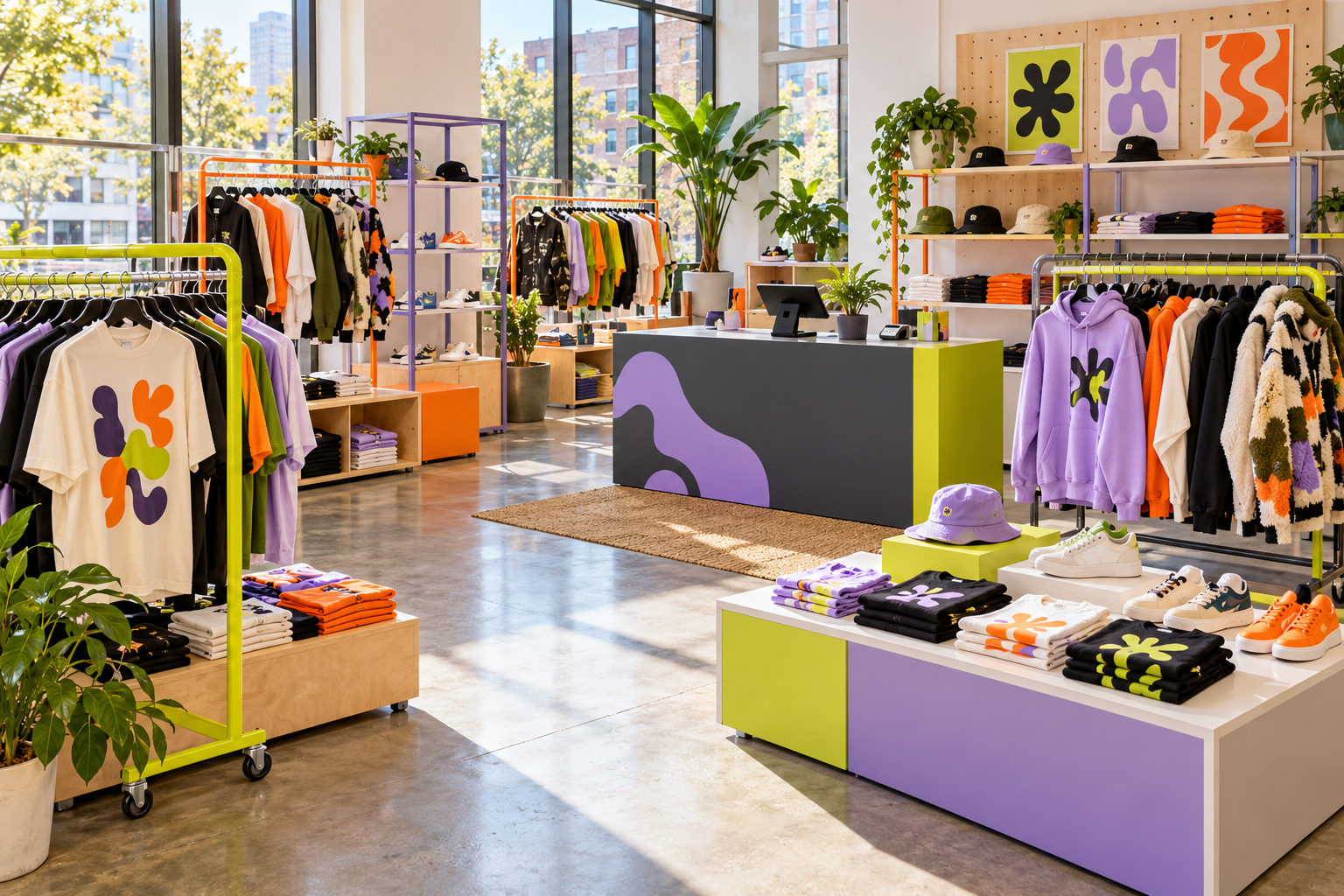 Bright casual streetwear pop-up with graphic tees, hoodies, sneakers, colorful modular displays, and tablet checkout