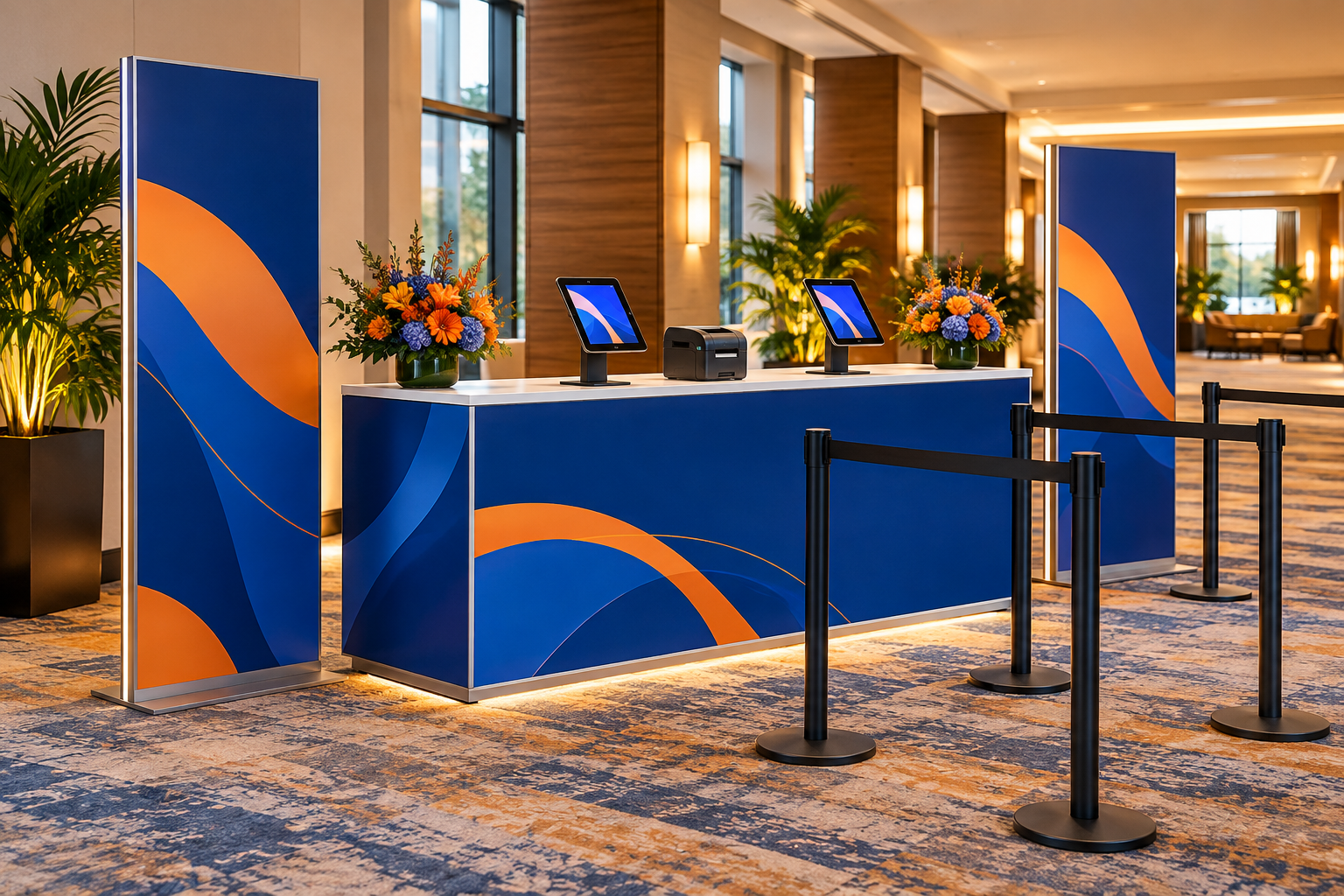 Registration desk with tablet kiosks, badge printer, signage, and queue barriers