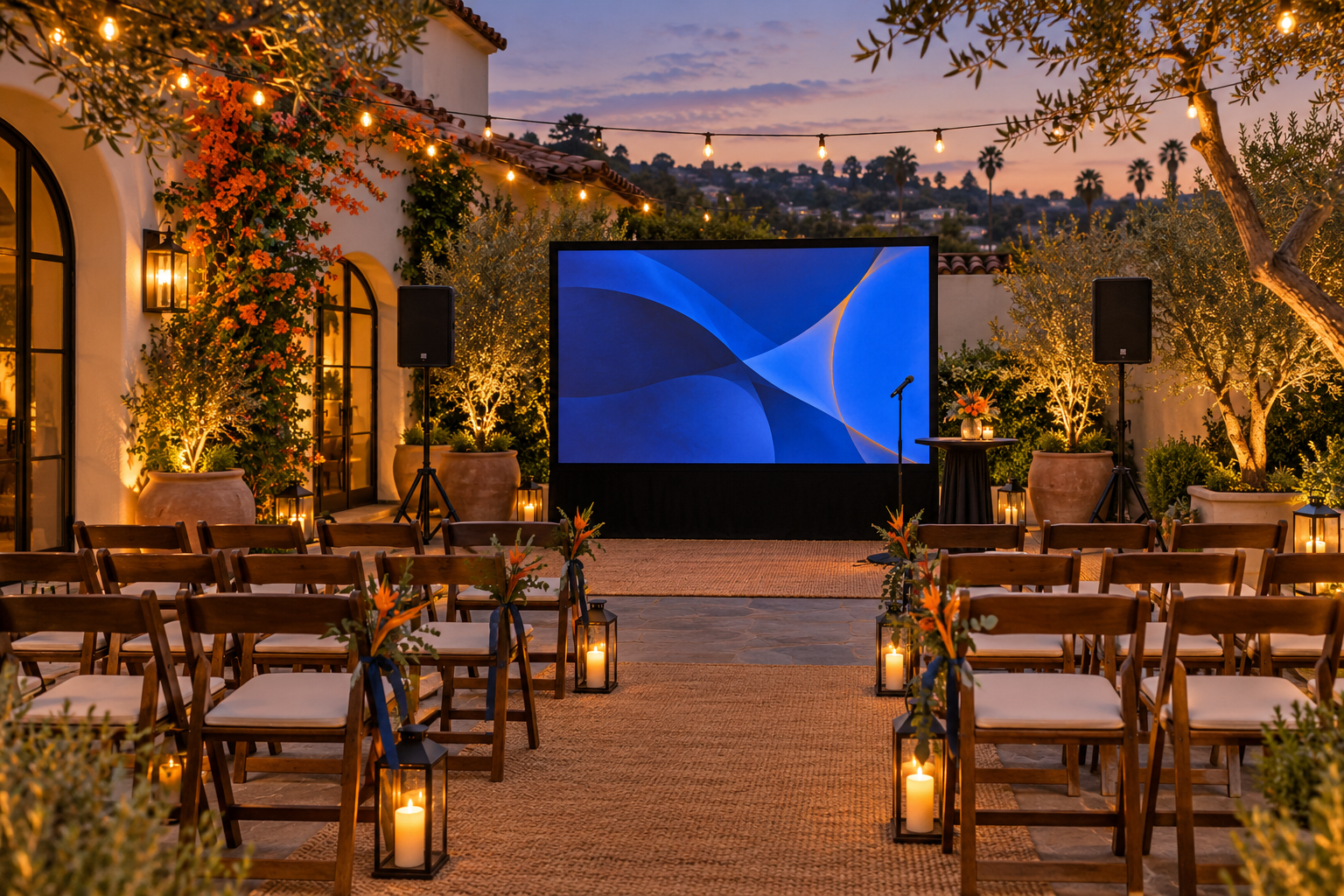 Courtyard event with audience seating, presentation screen, speakers, and microphone