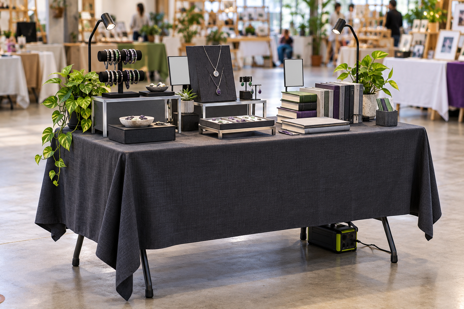 Compact tabletop seller setup with product risers, signs, lighting, and portable power