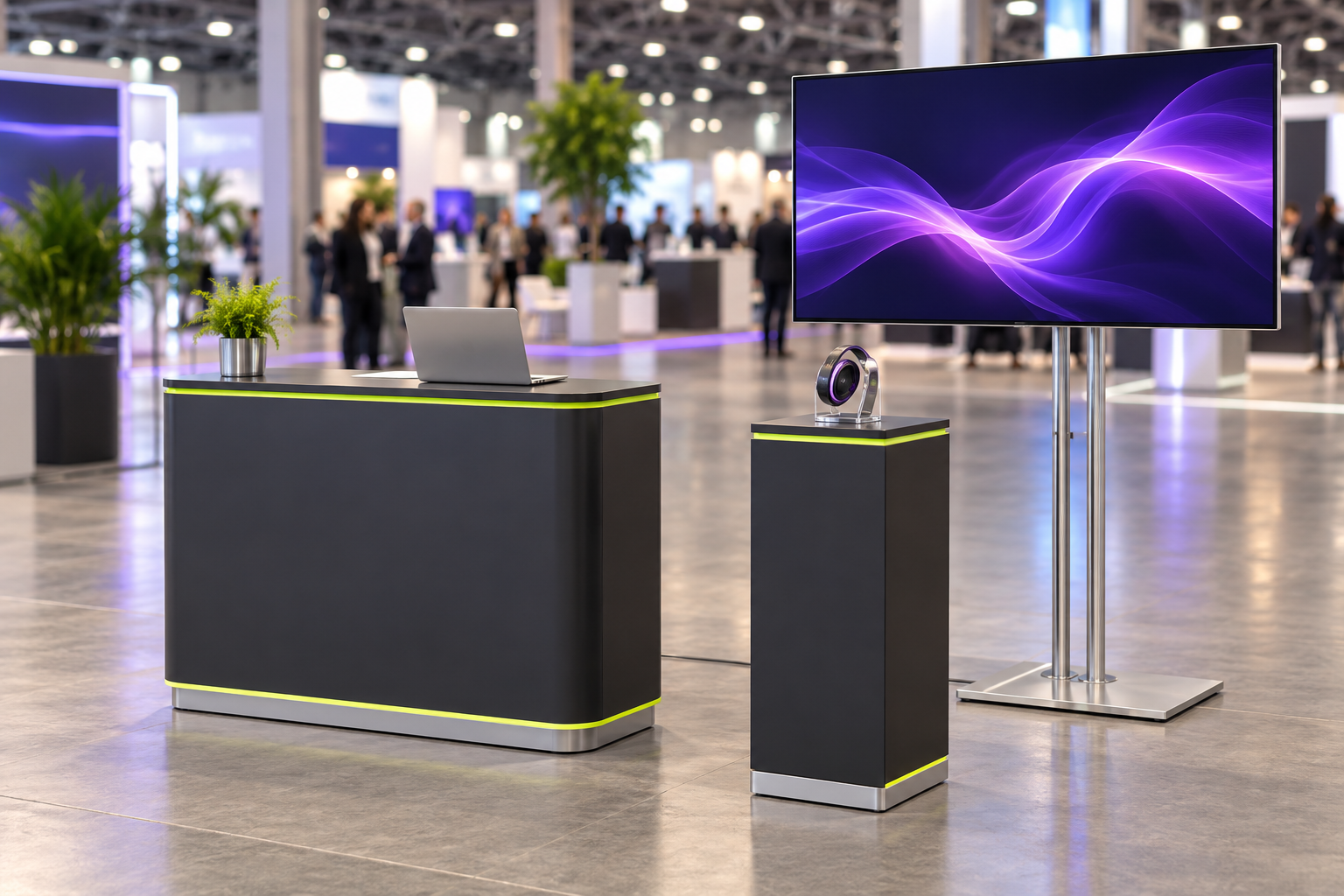 Trade show essentials with a demo counter, product plinth, and freestanding presentation screen